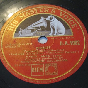 May include: Vintage vinyl record with a red and gold label featuring the "His Master's Voice" logo, a dog listening to a gramophone. The label includes the song title "Because" and artist information. Made in England.