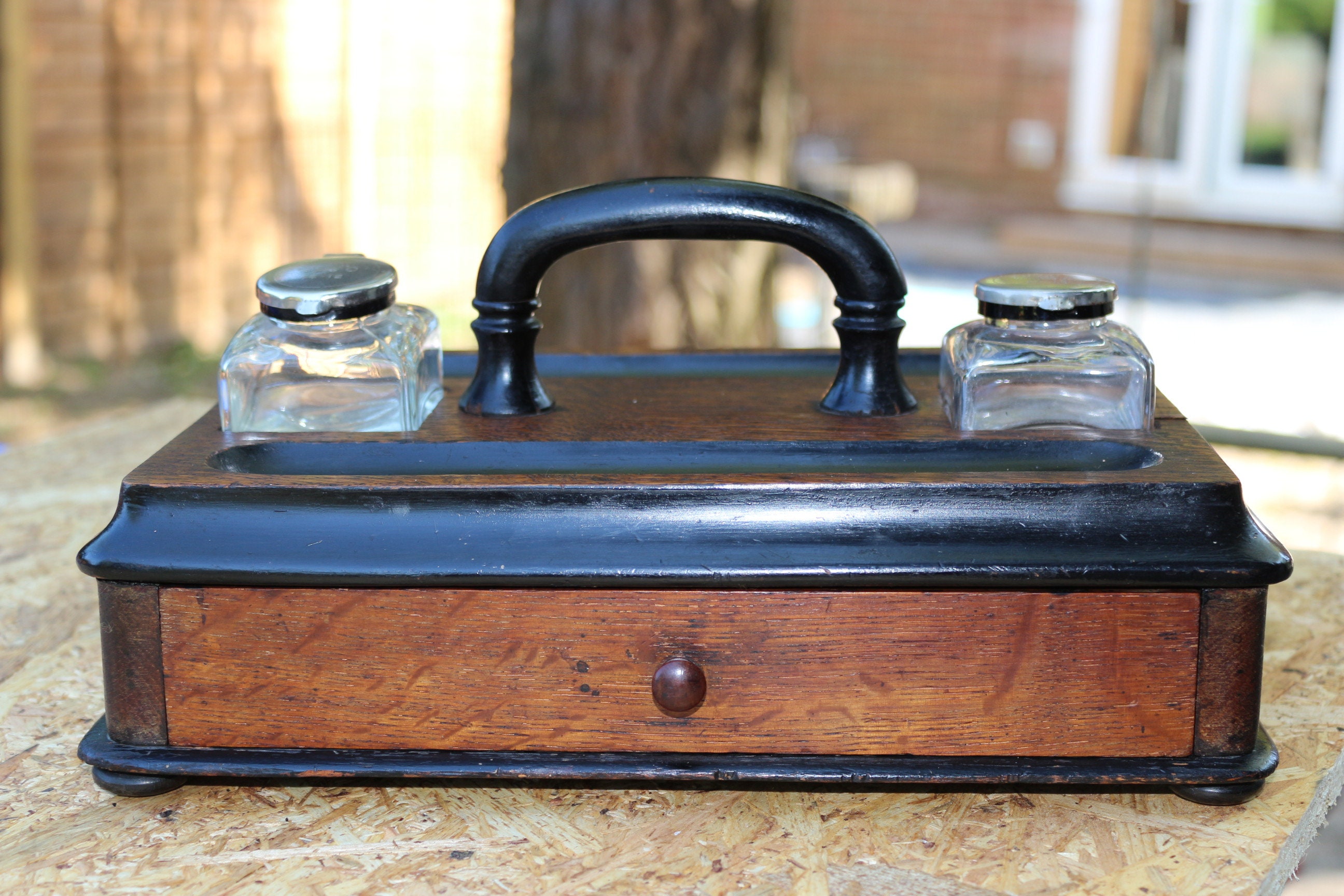 Antique Vintage Oak Desk Tidy Glass Inkwell Stand & Drawer 2 Etsy