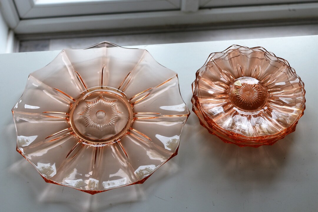 Vintage Czech 12 Sided Art Deco 1930s Pink Glass Plate Set Moser