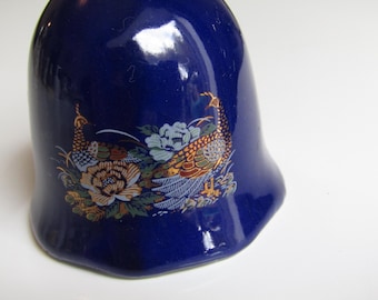 Vintage Bone China Bell 8.5cm Ornament Collectable Cobalt Blue Oriental Peacocks