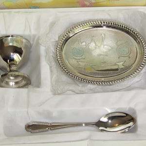 Vintage Childs Silver plated Egg Cup Tray & Spoon Set in Box Christening Baptism