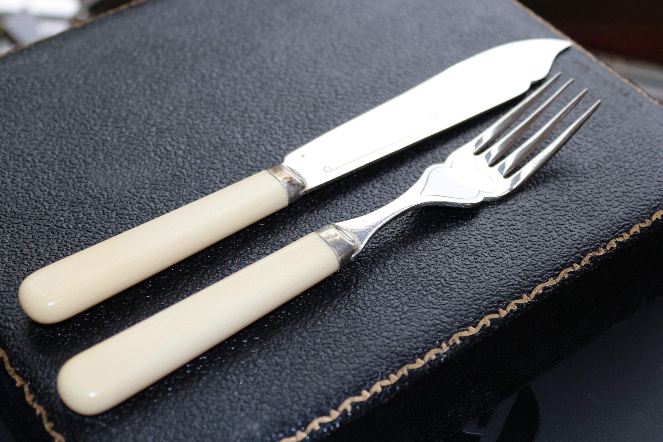 Vintage Boxed EPNS 12 Pc Cutlery Set of Fish Knives & Fork Ivorine