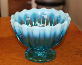 Antique Davidson 1889 Blue Pearline Glass Footed Bowl Dish White Opalescent Rim