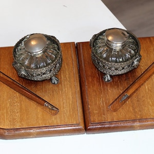 Vintage Wooden Inkwell Stand 2 dip pens with Pewter Holders & 2 Glass ink pots