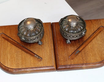 Vintage Wooden Inkwell Stand 2 dip pens with Pewter Holders & 2 Glass ink pots