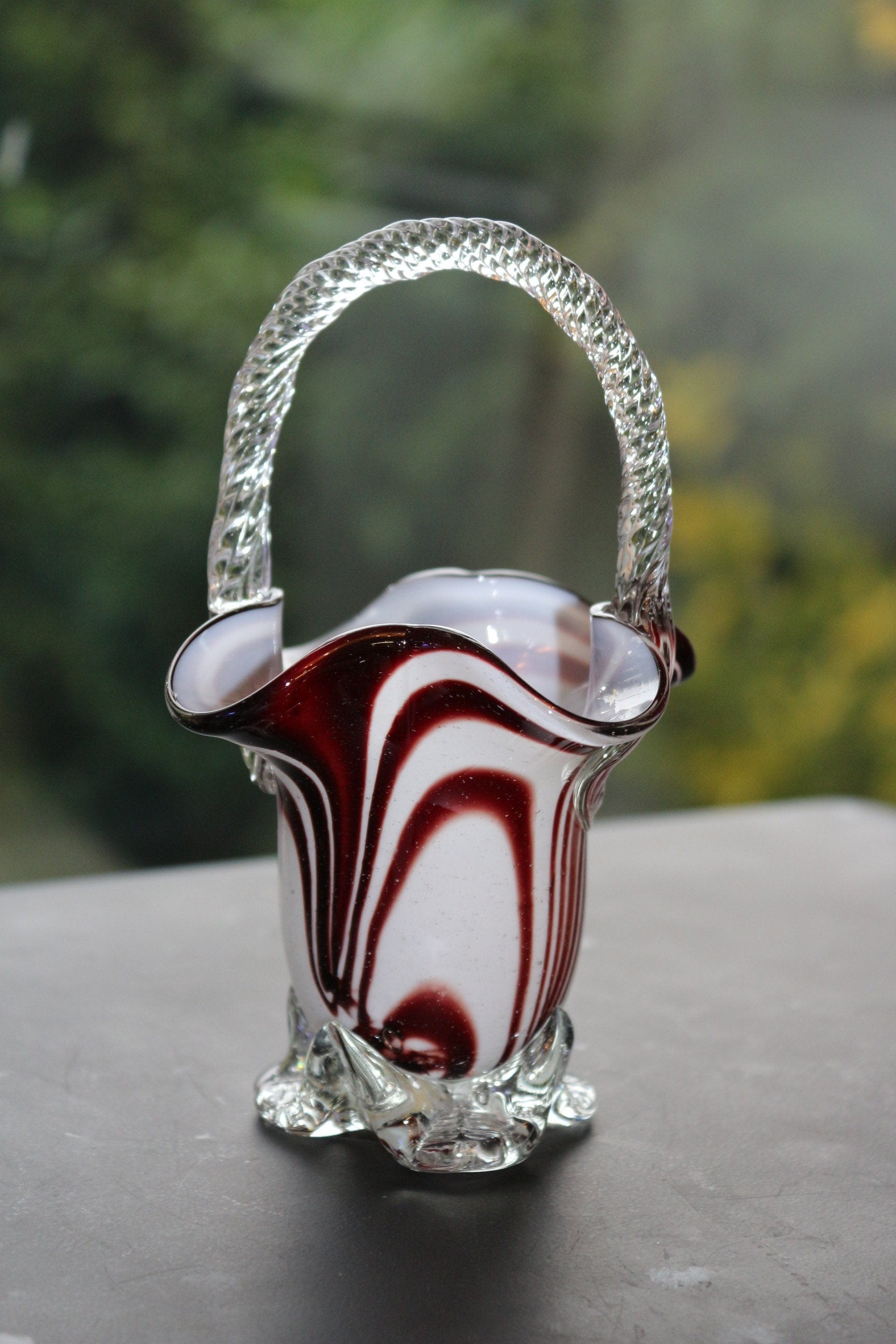 Vintage Murano Glass Basket Black and White Humbug Design with Rope Twist Handle