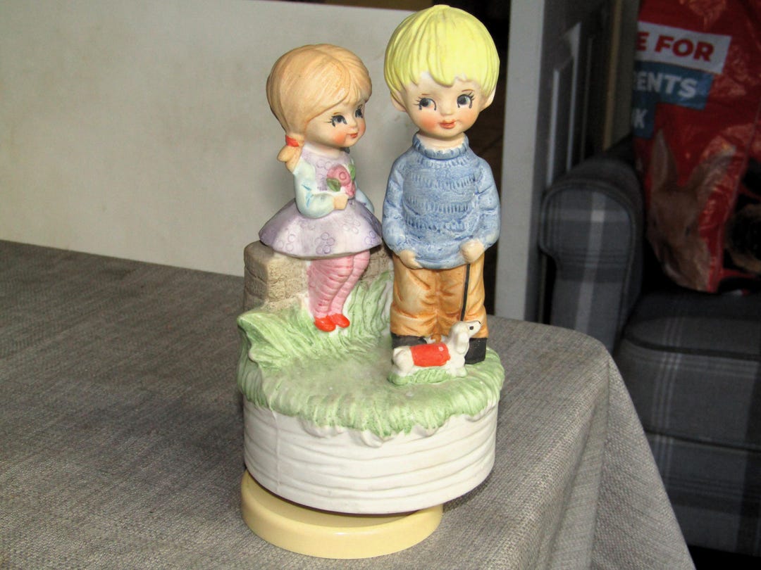 Vintage Rotating Music Box Porcelain Cute Boy and Girl Couple With Dog ...