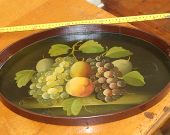 Vintage grote 48cm hand geschilderd in olie houten dienblad fruitschotel vijgen druiven