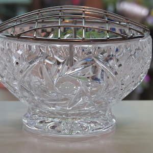 Vintage blykristallslipat glasroskål med trådgaller, groda, 10 cm i diameter