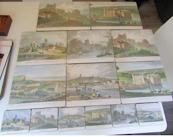 Seltene Vintage 14 Lady Clare Melamin Tischsets & Untersetzer Kent Views 2 Sets