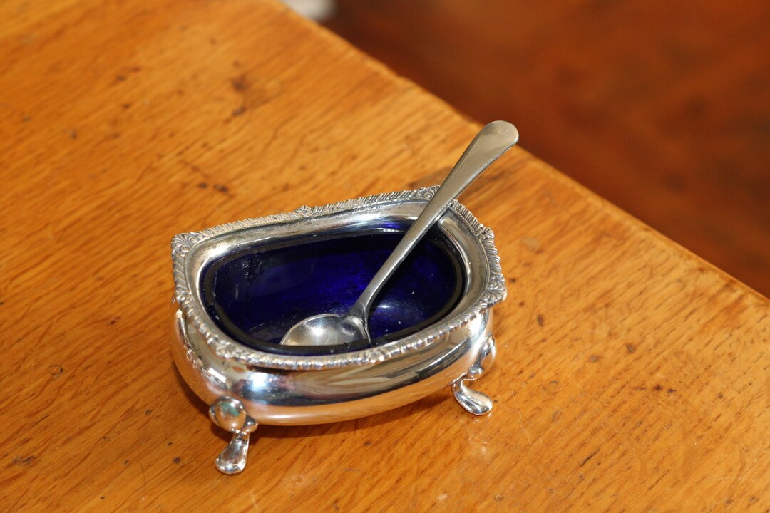 Harrods London Silver Plate EPNS Blue Glass Liner Open Salt Etsy