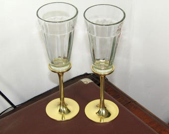 Pair of 2 Gold Plated Metal Stem Wine Glass Champagne Toasting Flutes 8" Tall