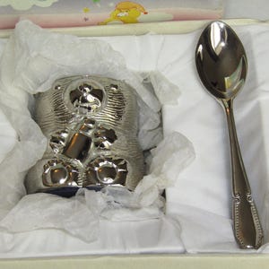Vintage Childs Teddy Bear Egg Cup & Spoon Set in Box Christening Baptism
