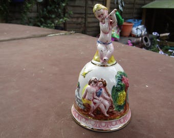 Vintage Italian Capodimonte Italy Fine Porcelain Colourful silent Bell - Boy Playing Flute 14cm