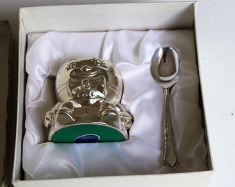 Vintage Childs Humpty Dumpty Egg Cup & Spoon Set in Box Christening Baptism