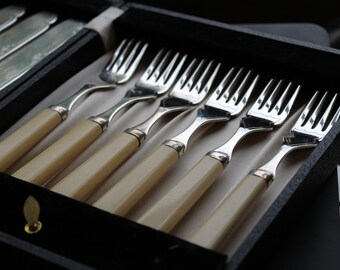 Vintage Boxed EPNS 12 Pc Cutlery Set of Fish Knives & Fork Ivorine