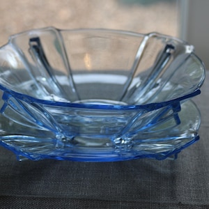 Vintage 1930s Czech Art Deco Blue Glass Serving Bowl & Undertray Plate Stolzle