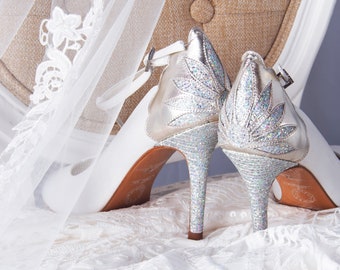 White Bridal shoes decorated with flower and Silver glitter