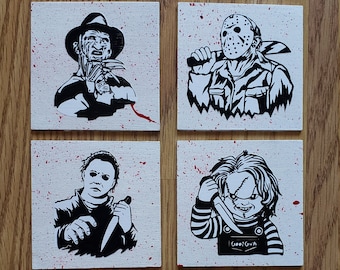 Horror Movie Character Coasters (Set of 4), Inspired by: Jason Voorhees, Michael Myers, Freddy Krueger, and Chucky