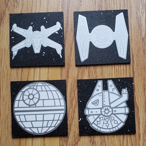 Inspired by: The Ships of Star Wars Coasters (Set of 4), Star Wars, Millennium Falcon, Death Star, X - Wing, Tie Fighter, Handmade Coasters