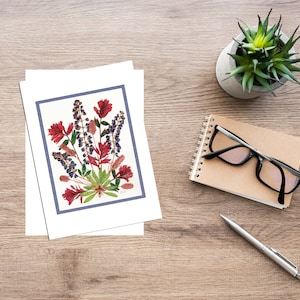 Cartões de felicitações - Flores prensadas - Feito à mão - Impressões de arte - Sara Balch Original - Pincel indiano - Flores - Folhas - Em branco