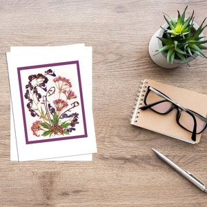 Tarjetas de felicitación - Arte con flores prensadas - Impresiones artísticas originales de la naturaleza - Acónito - Flores - Hojas - Interior en blanco