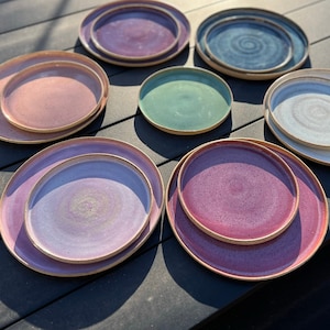 Handmade thrown speckled stoneware dinner service, plates and bowls, glazed in soft gem shades, unique, organic and beautiful! MADE TO ORDER