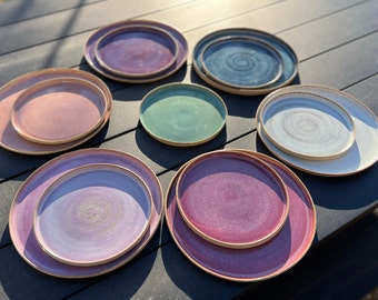 Handmade thrown speckled stoneware dinner service, plates and bowls, glazed in soft gem shades, unique, organic and beautiful! MADE TO ORDER