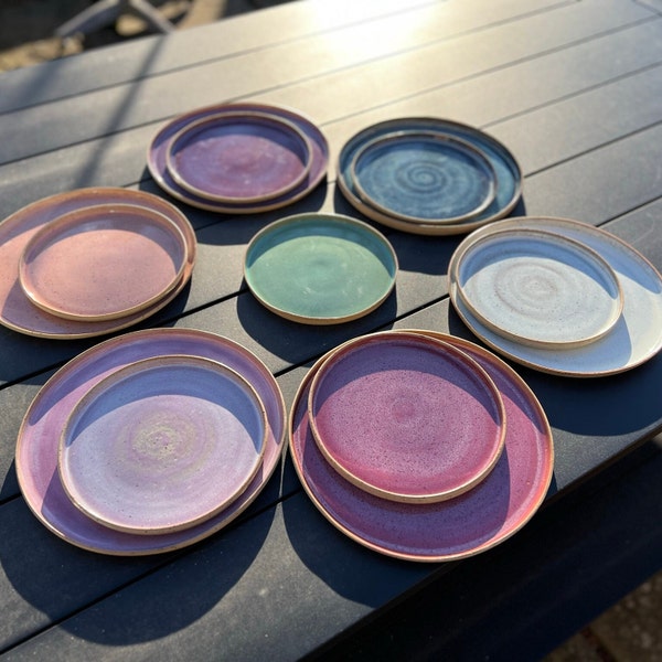 Handmade thrown speckled stoneware dinner service, plates and bowls, glazed in soft gem shades, unique, organic and beautiful! MADE TO ORDER