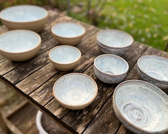 Handmade thrown speckled stoneware bowls, glazed in soft snowy white, unique, organic and beautiful!  Perfect gift or keeper!