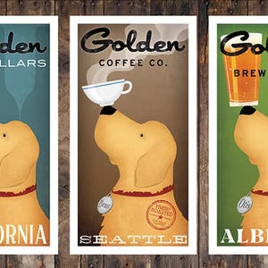 Puede incluir: Tres impresiones artísticas verticales con un golden retriever equilibrando una bebida en su nariz. Las impresiones dicen "Golden Cellars California", "Golden Coffee Co. Seattle" y "Golden Brewing Co. Alberta". Cada perro lleva un collar rojo.