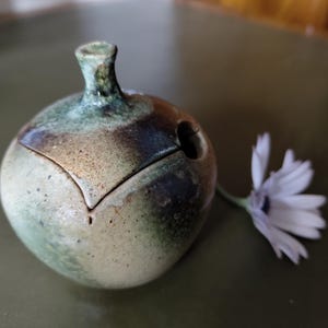 Peut inclure: Un pot en céramique fait à la main avec un couvercle, de forme arrondie et une petite ouverture. Le pot présente une palette de couleurs terreuses mouchetées de vert, de brun et de beige. Une fleur blanche aux pétales délicats repose à côté.