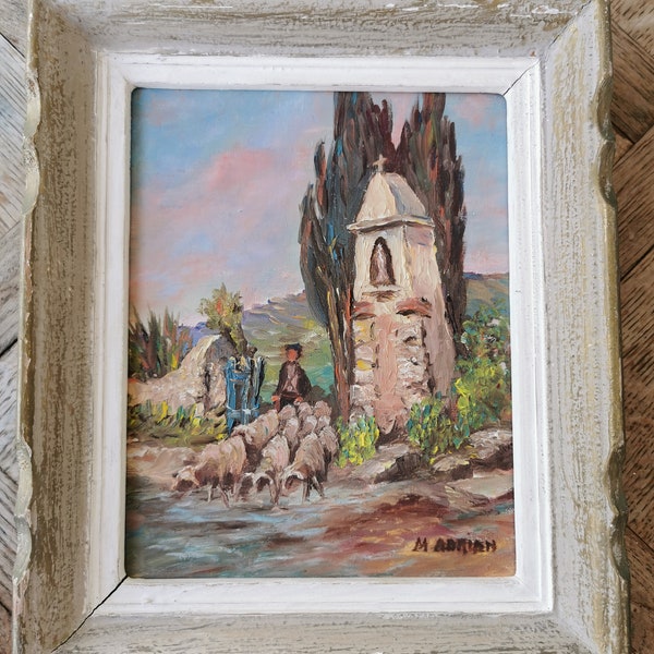 Tableau à huile 26x30,5 cm encadré signé M.Adrian vintage berger moutons église croix paysage provençal France