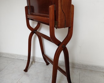 Antique Style Campaign Folding Writing Desk, Portable Officer Table With Key, Leather Top, Regency Empire Revival, Travelling Writing Desk
