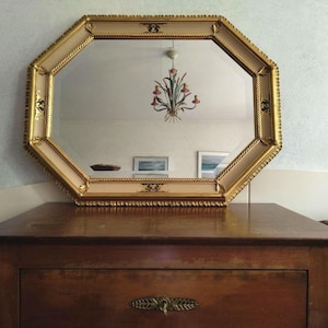Large Vintage Octagonal Beveled Wall Mirror, Gold Gilt Wooden Frame, French Hollywood Regency Style Horizontal or Vertical Hanging Home Gift