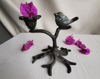 Vintage patinated metal bird candle holder | Tree branch candlestick | french vintage candlestick Romantic french cottage decor gift for her