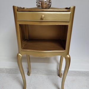 Vintage gold-painted side table with cabriole legs glamorous French nightstand chic accent table for bedroom or living room Glamorous home