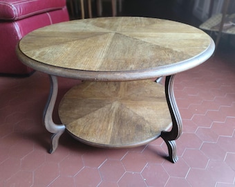 Tavolino da caffè rotondo vintage francese Art Déco in rovere, 79,5 cm, impiallacciatura a raggiera, stile Luigi XV Revival, anni '30-'40.