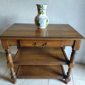 Solid Oak Vintage Console Table - Small Rustic Sideboard with Drawer and Shelves, Farmhouse Entryway Table, Wooden Bureau Cabinet, 1950s