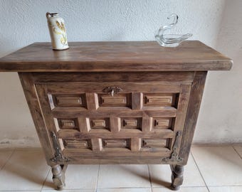 Vintage Spanish Rustic Solid Wood Cabinet – Handcrafted Cupboard with Iron Hinges, Refreshed Finish, Timeworn Patina