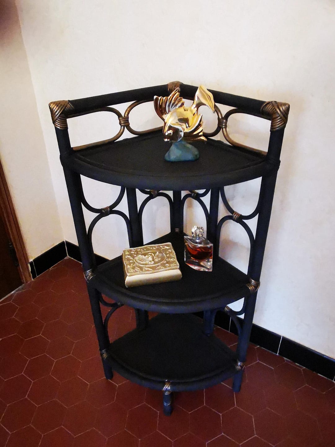 Upcycle Rattan Bookcase Vintage Black Rattan Shelf With Gold Accents – Black Rattan Shelf – 3 ...