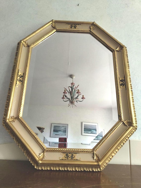 スペイン製 アンティーク 八角形 鏡 ミラー 金属枠 壁掛け