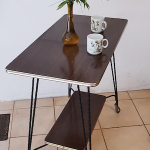 Vintage mid-century rolling cart in formica and wrought iron – 1950s French bar cart / side table – industrial retro dessert trolley