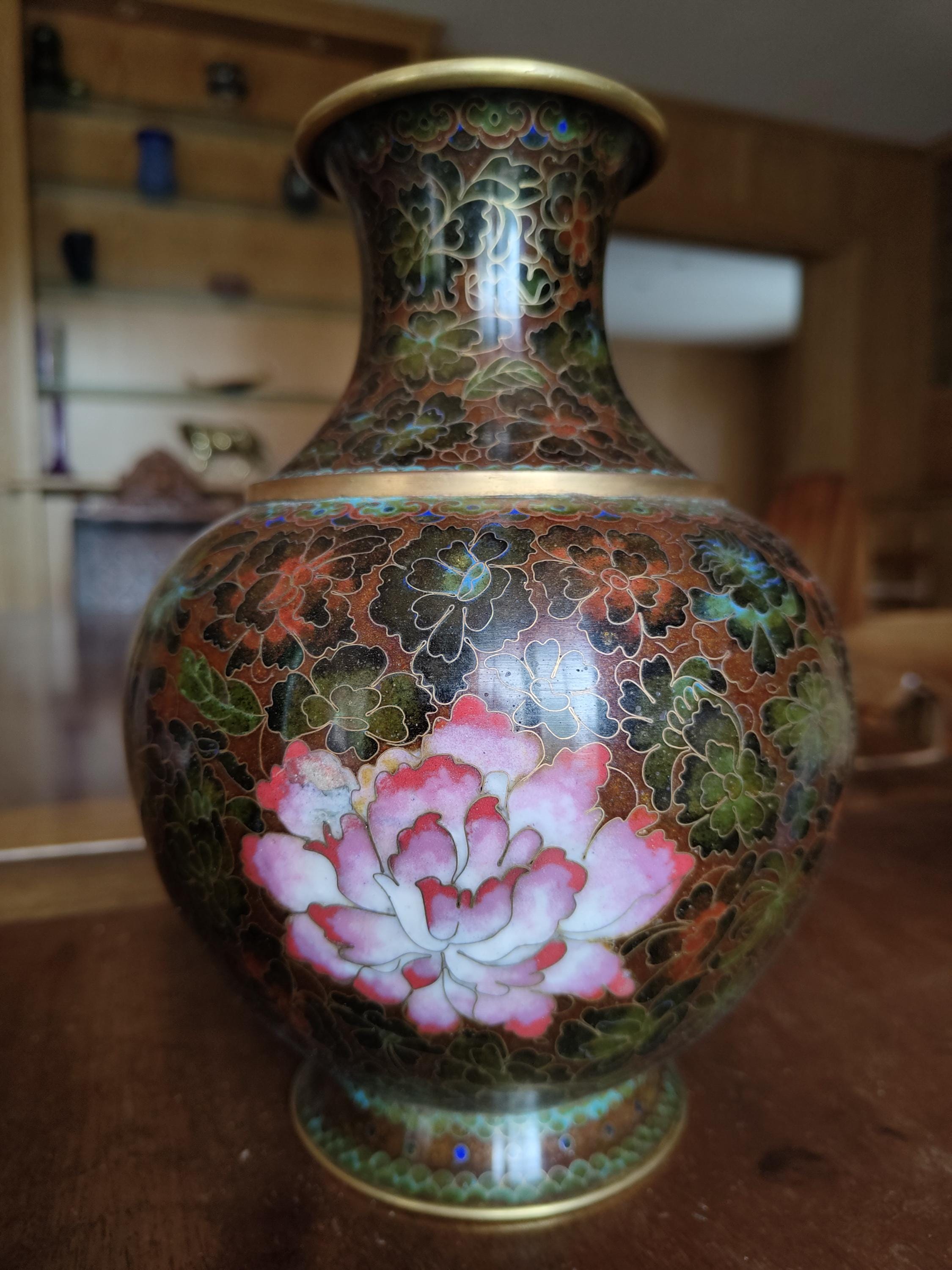 Vintage Chinese Brass Cloisonné Vase 24 Cm MCM Floral Enamel Brass