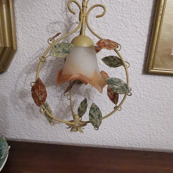 Vintage French tole metal chandelier with beige and brown pâté de verre tulip glass shade – floral hanging light, retro home decor
