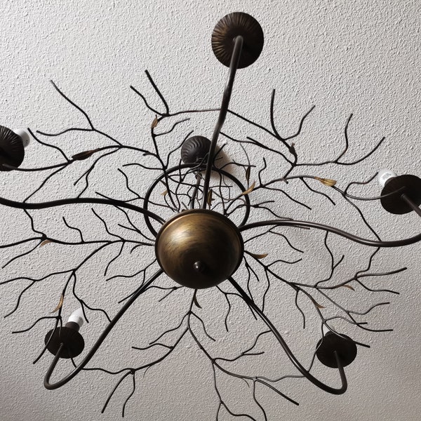 Grande lustre Arbre 5 bras vintage fait main en métal Branches marron fonce et feuilles dore