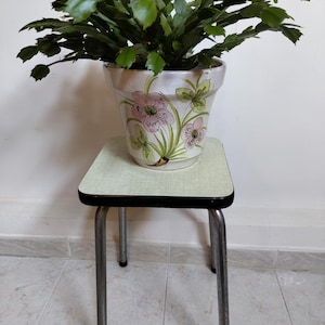 Puede incluir: Una maceta de cerámica blanca con flores rosas y hojas verdes pintadas a mano, que contiene una frondosa planta Schlumbergera verde. La maceta descansa sobre un pequeño taburete cuadrado con una superficie verde claro y cuatro patas metálicas plateadas.