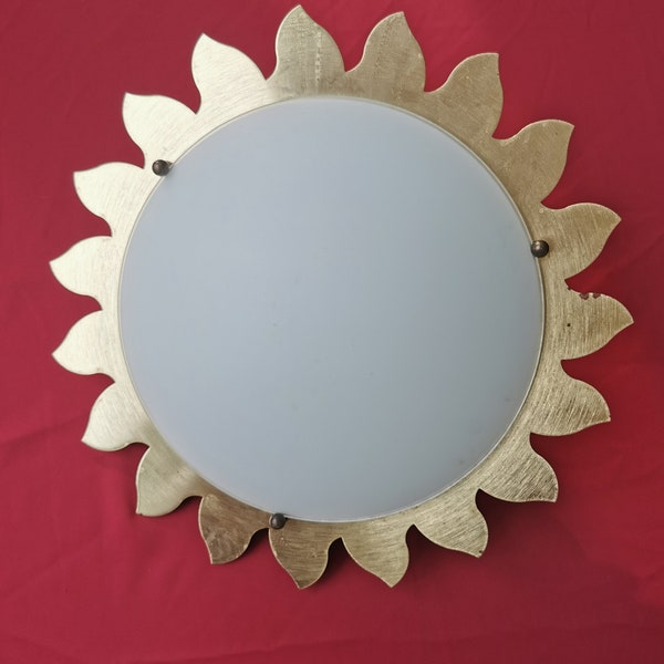 Plafonnier rond Soleil applique murale vintage luminaire mur plafond laiton verre opaque années 70 France Décoration