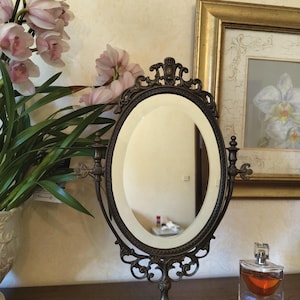 Large Vintage French Vanity Mirror with Beveled Glass, Ornate Metal Frame, Mid Century Neo Baroque Dressing Table Mirror 50 cm, Gift for her