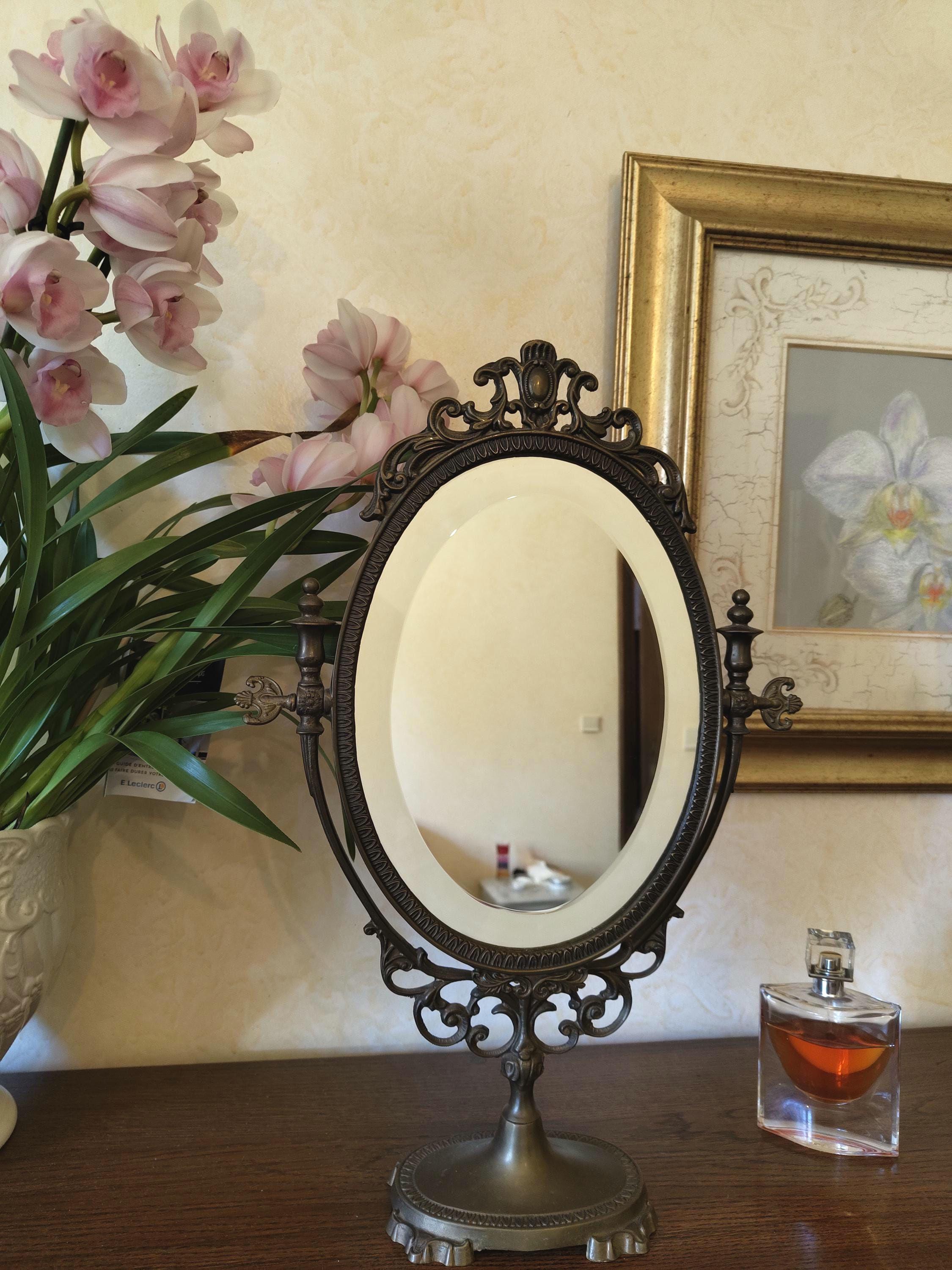 Large Vintage French Vanity Mirror With Beveled Glass, Ornate Metal Frame, Mid Century Neo Baroque Dressing Table 50 cm, Gift For Her